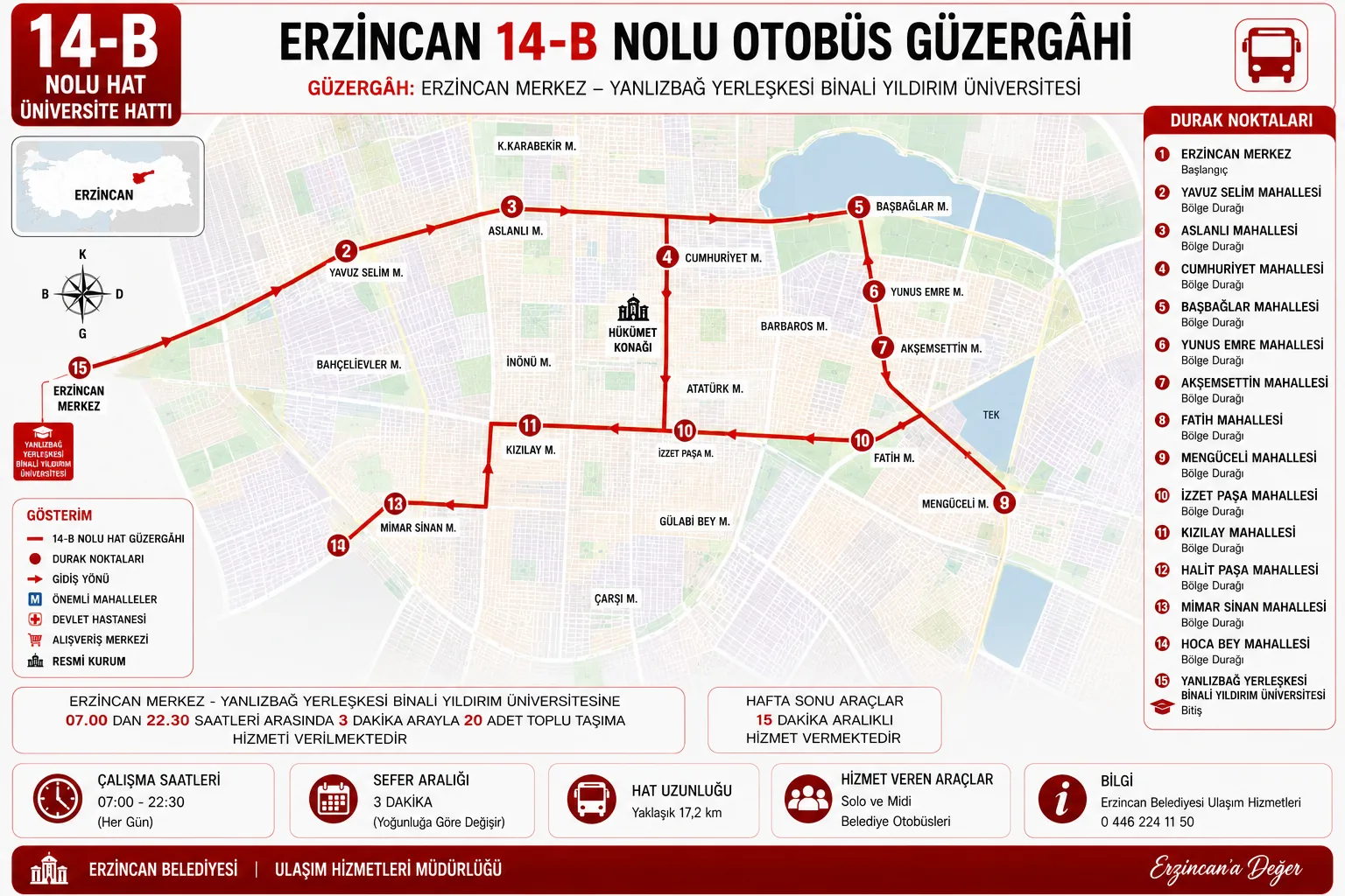 Erzincan 14-B nolu otobüs güzergâhı haritası ve durakları