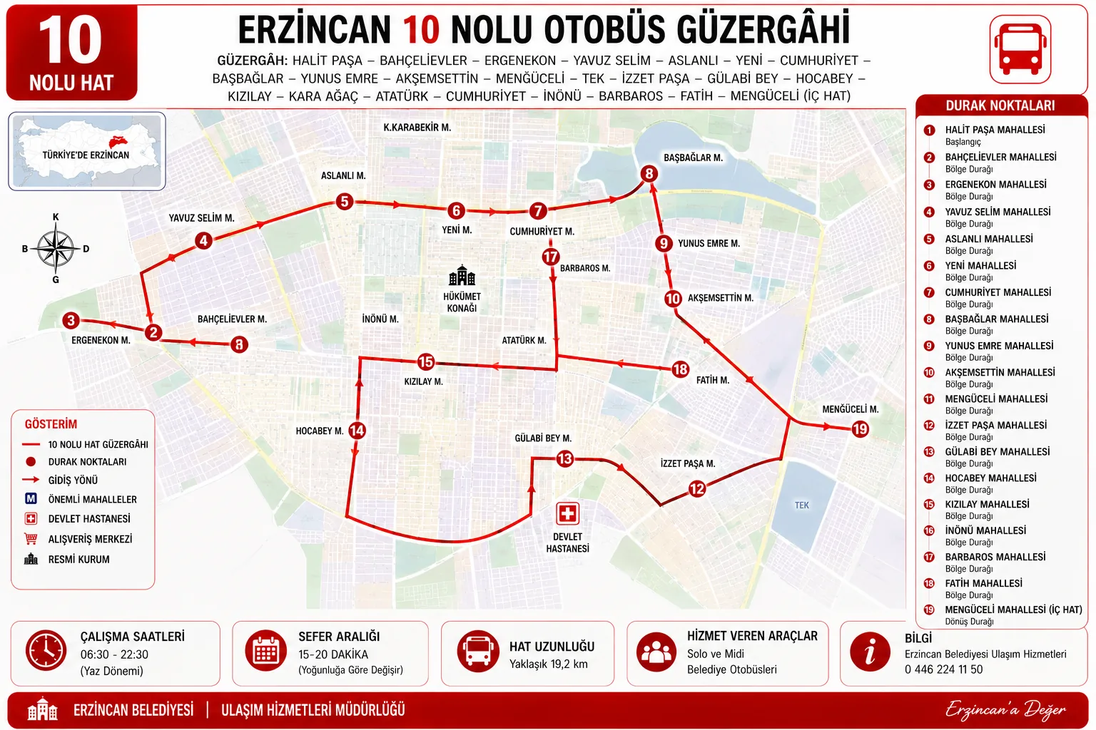 Erzincan 10 nolu otobüs güzergâhı haritası ve durakları