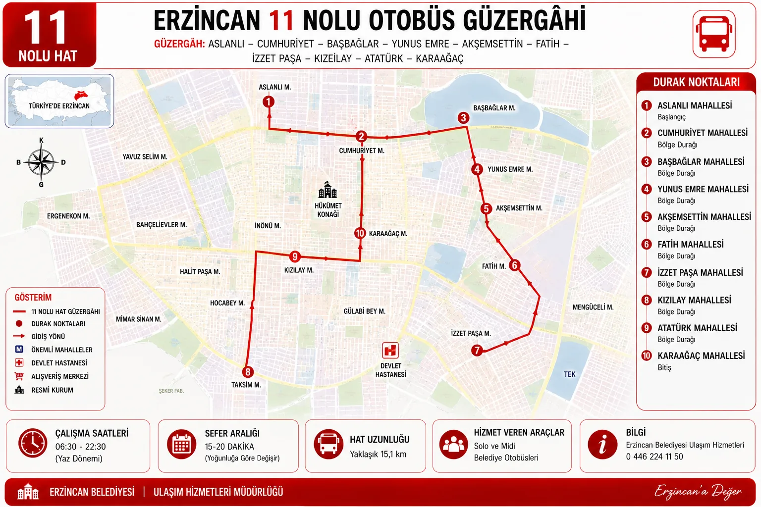 Erzincan 11 nolu otobüs güzergâhı haritası ve durakları