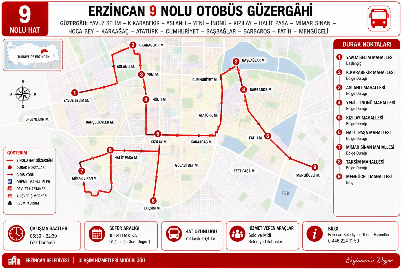 Erzincan 9 nolu otobüs güzergâhı haritası ve durakları