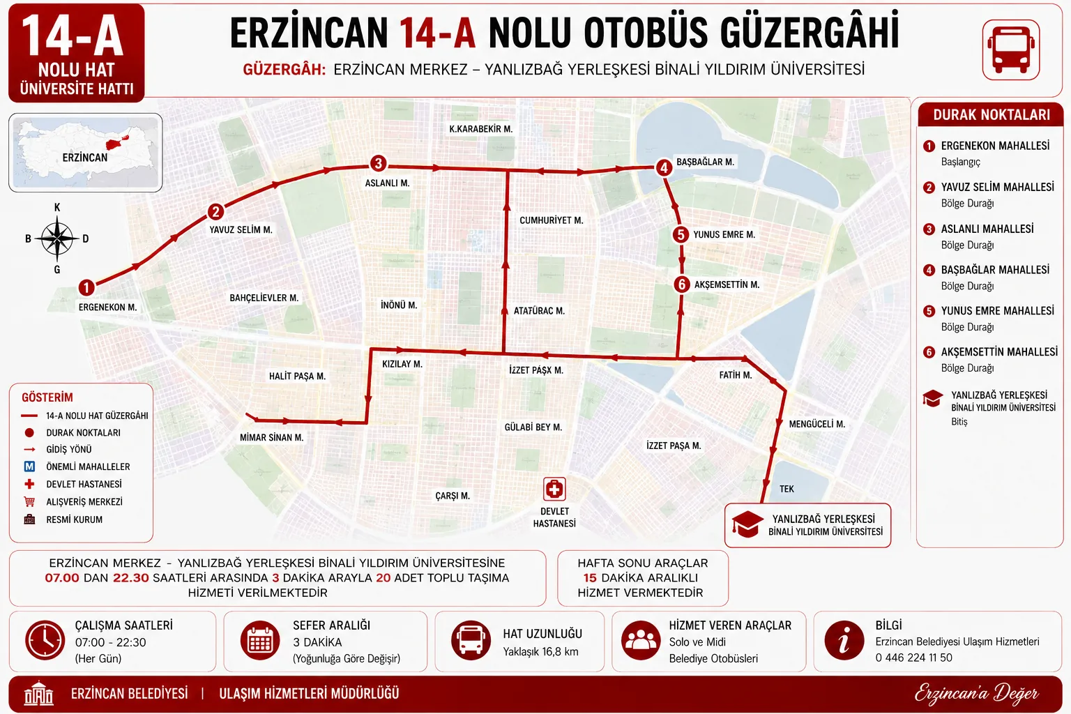 Erzincan 14-A nolu otobüs güzergâhı haritası ve durakları