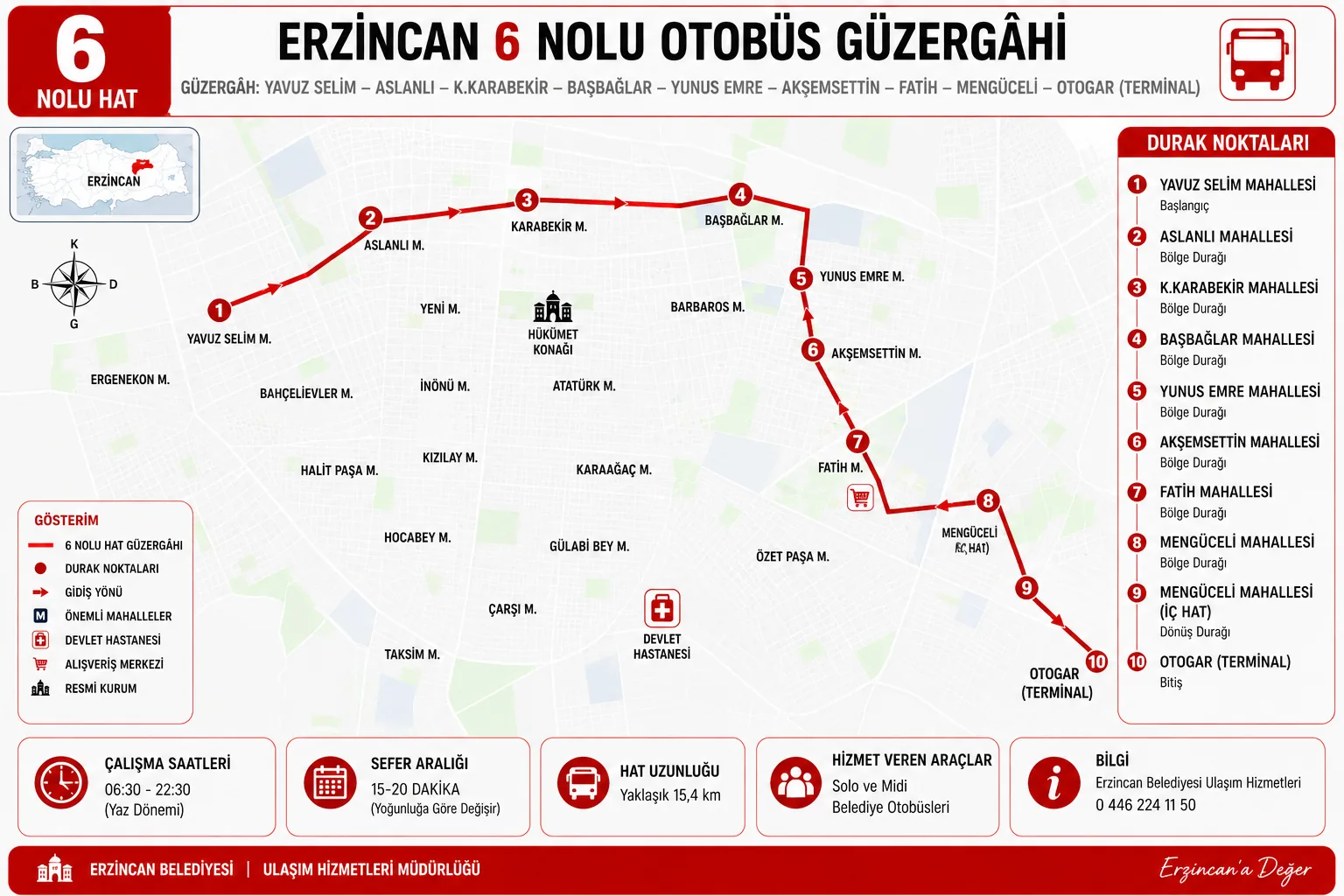 Erzincan 6 nolu otobüs güzergâhı haritası ve durakları